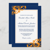 Navy Blue und Orange Blühend Wirbel Hochzeiten Einladung (Vorne/Hinten)