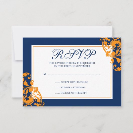 Navy Blue und Orange Blühend Wirbel Hochzeitsszena RSVP Karte (Vorderseite)