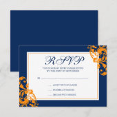 Navy Blue und Orange Blühend Wirbel Hochzeitsszena RSVP Karte (Vorne/Hinten)