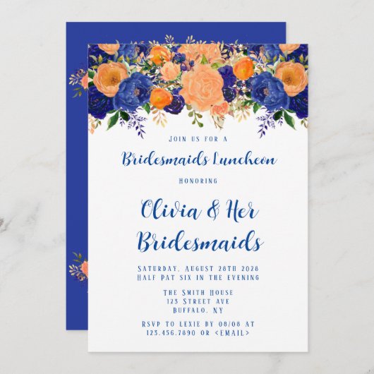 Navy Blue und Orange Floral Bridesmaids Luncheon Einladung (Vorne/Hinten)