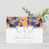Navy Blue und Orange Floral Save the Date Einladung (Stehend Vorderseite)