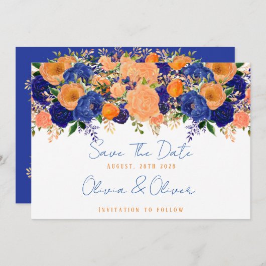 Navy Blue und Orange Floral Save the Date Einladung (Vorne/Hinten)
