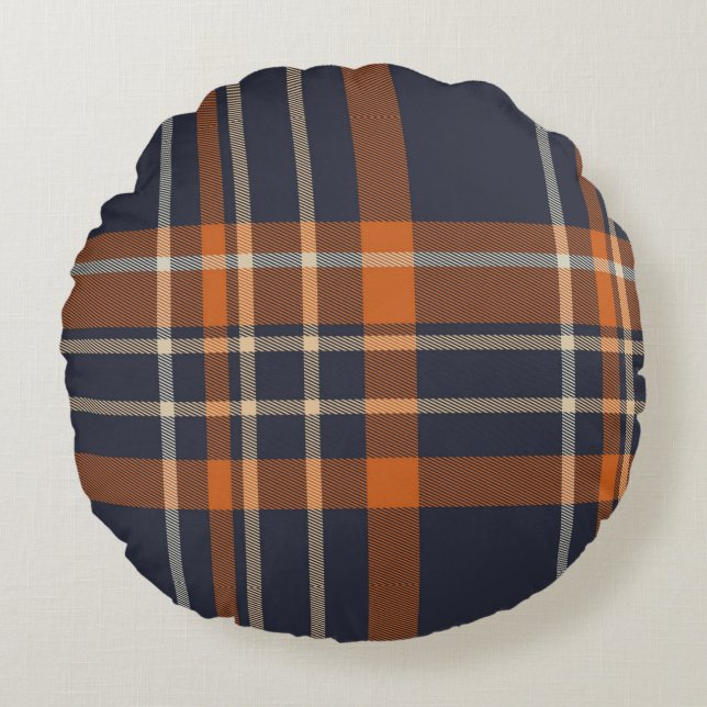 Navy Blue und Orange Kariert Rundes Kissen (Vorderseite)