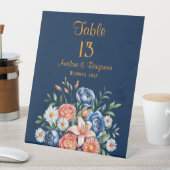 Navy Blue und Orange Peony Blume Tischnummer Sockelschild (In Situ)