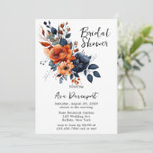 Navy Blue und Orange Peony Brautparty Einladung (Stehend Vorderseite)