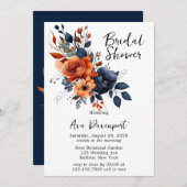Navy Blue und Orange Peony Brautparty Einladung (Vorne/Hinten)