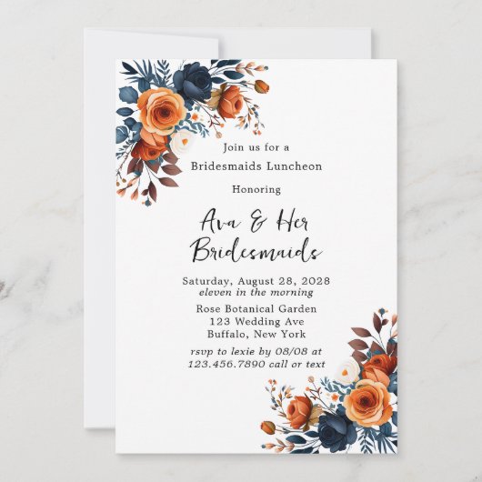 Navy Blue und Orange Peony Bridesmaids Luncheon Einladung (Vorderseite)