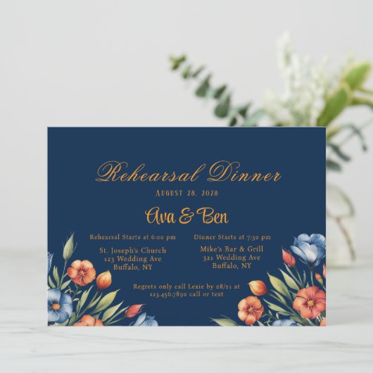 Navy Blue und Orange Peony Probe Dinner Einladung (Stehend Vorderseite)