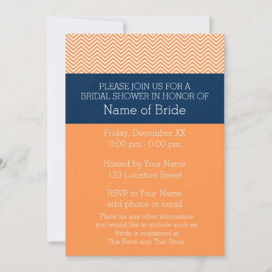 Navy Blue und Orange Zickzack Pattern Brautparty Einladung (Vorderseite)