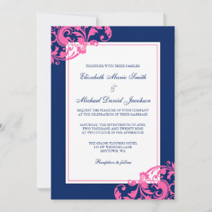 Navy Blue und Pink Blühend Wirbel Hochzeiten Einladung