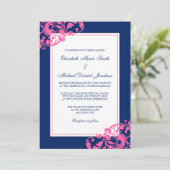 Navy Blue und Pink Blühend Wirbel Hochzeiten Einladung (Stehend Vorderseite)
