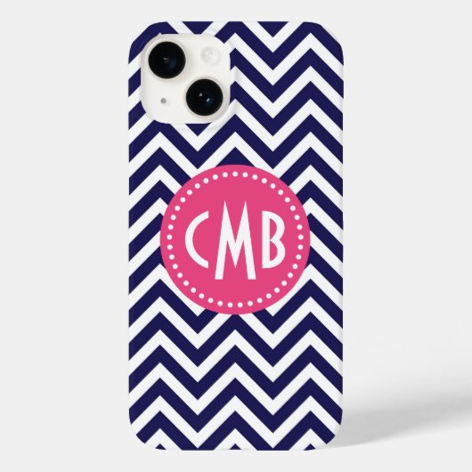 Navy Blue und Pink Moderne Zickzack Monogram Case-Mate iPhone Hülle (Rückseite)