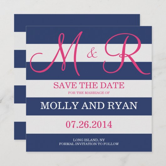 Navy Blue und Pink Monogram Save the Date (Vorne/Hinten)