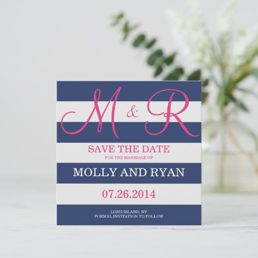 Navy Blue und Pink Monogram Save the Date (Stehend Vorderseite)