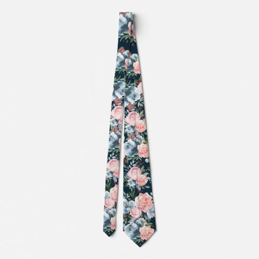 Navy Blue und Pink Roses Blume Floral Neck Tie Krawatte (Rückseite)