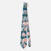 Navy Blue und Pink Roses Blume Floral Neck Tie Krawatte (Vorderseite)