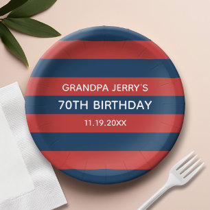 Navy Blue und Red Rugby Stripes Birthday Party Pappteller