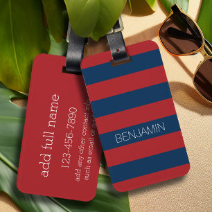 Navy Blue und Red Rugby Stripes mit Individuelle N Gepäckanhänger