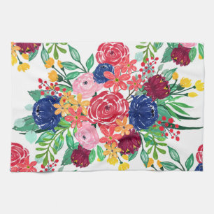 Navy Blue und Red Water Color Boho schicke Blume Geschirrtuch