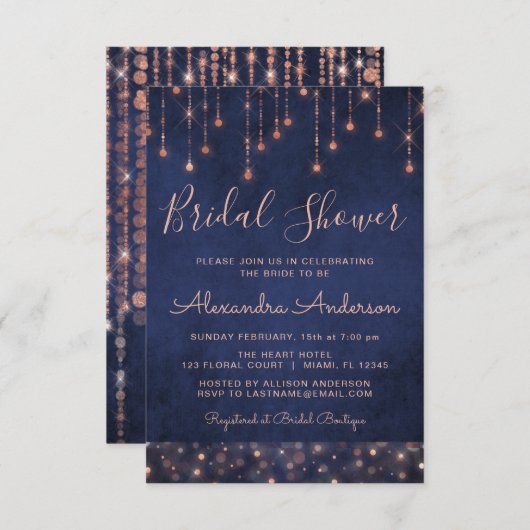 Navy Blue und Rose Gold Brautparty Einladung (Vorne/Hinten)