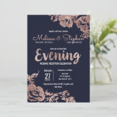 Navy Blue und Rose Gold Floral Abend Einladung (Stehend Vorderseite)