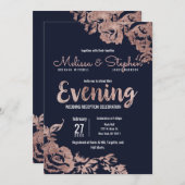 Navy Blue und Rose Gold Floral Abend Einladung (Vorne/Hinten)
