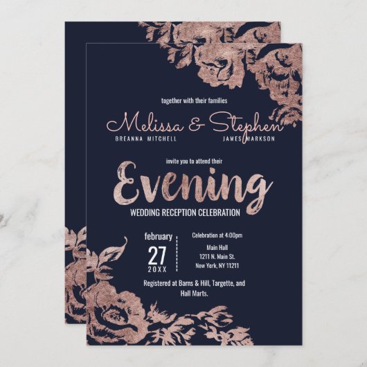 Navy Blue und Rose Gold Floral Abend Einladung (Vorne/Hinten)
