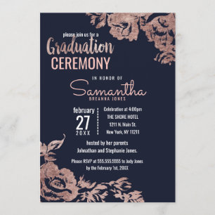 Navy Blue und Rose Gold Floral Abschluss Einladung