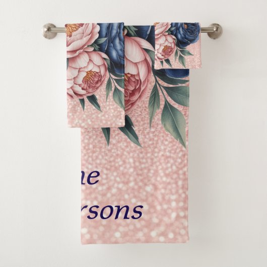 Navy Blue und Rose Gold Floral Badhandtuch Set (Insitu)