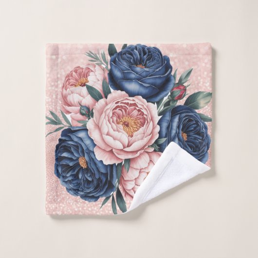 Navy Blue und Rose Gold Floral Badhandtuch Set (Waschlappen)