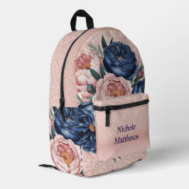 Navy Blue und Rose Gold Floral Bedruckter Rucksack