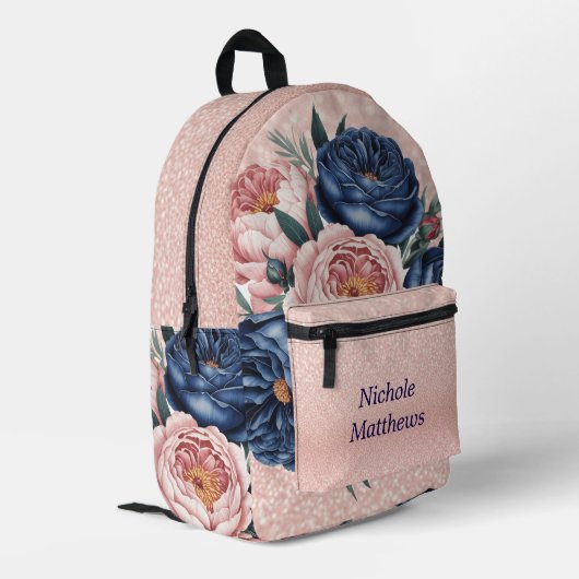 Navy Blue und Rose Gold Floral Bedruckter Rucksack (Rückseitige Ecke links)