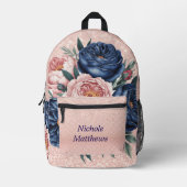 Navy Blue und Rose Gold Floral Bedruckter Rucksack (Vorderseite)