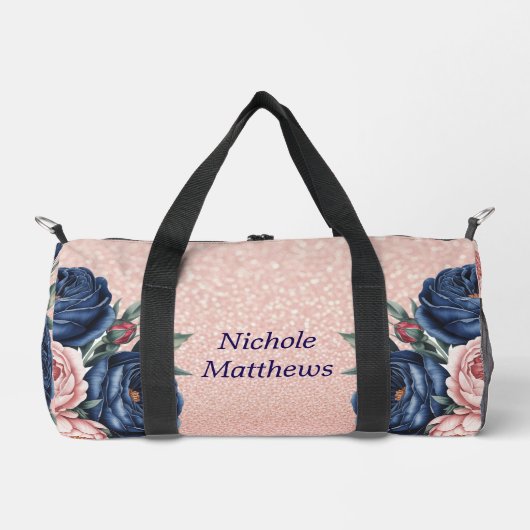 Navy Blue und Rose Gold Floral Duffle Bag (Vorderseite)