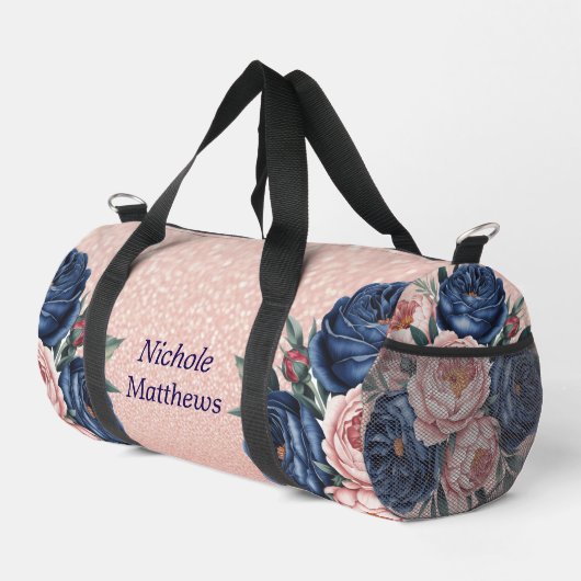 Navy Blue und Rose Gold Floral Duffle Bag (Rechte Ecke)