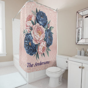 Navy Blue und Rose Gold Floral Duschvorhang