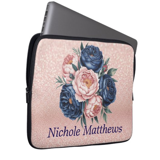 Navy Blue und Rose Gold Floral Laptopschutzhülle (Vorne Rechts)