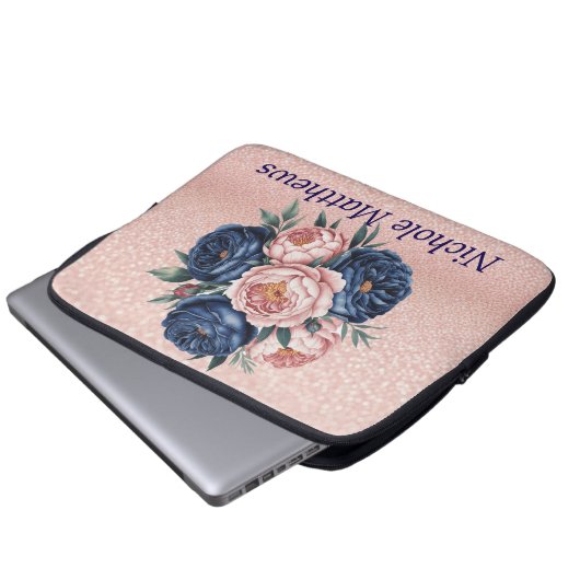 Navy Blue und Rose Gold Floral Laptopschutzhülle (Vorne Knopf)