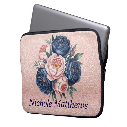 Navy Blue und Rose Gold Floral Laptopschutzhülle (Vorderseite Links)