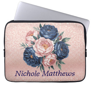 Navy Blue und Rose Gold Floral Laptopschutzhülle