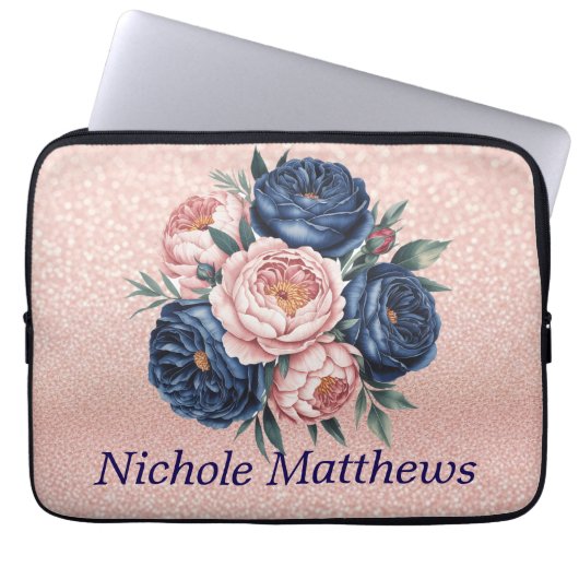 Navy Blue und Rose Gold Floral Laptopschutzhülle (Vorderseite)