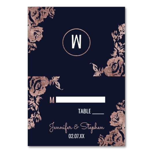 Navy Blue und Rose Gold Floral Platzkarten Tischnummer (Vorderseite)