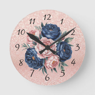 Navy Blue und Rose Gold Floral Runde Wanduhr