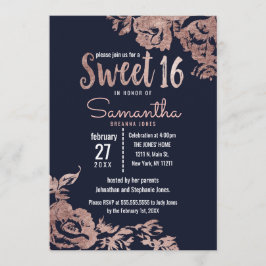 Navy Blue und Rose Gold Floral Sweet 16 Einladung