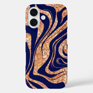 Navy Blue und Rose Gold Glitzer Zebra Monogram iPhone 16 Hülle