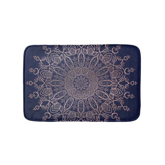 Navy Blue und Rose Gold Mandala Elegant Boho Badematte (Vorderseite)