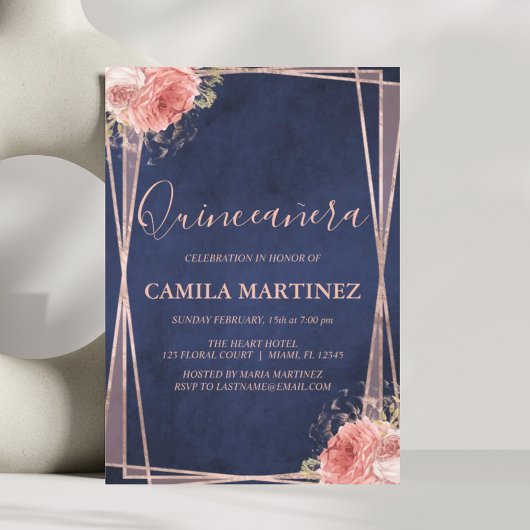 Navy Blue und Rose Gold Quinceanera Party Einladung