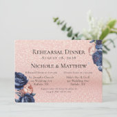 Navy Blue und Rosen Gold Flora Probe Dinner Einladung (Stehend Vorderseite)