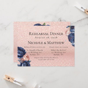 Navy Blue und Rosen Gold Flora Probe Dinner Einladung