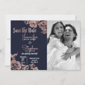 Navy Blue und Rosen Gold Floral Save the Date (Vorderseite)